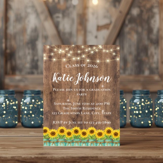 Invitation Tournesols Rustiques et Pot de Fleurs en Verre Ble (Brighten your big day with this rustic sunflower and mason jar graduation invite on warm barn wood.)
