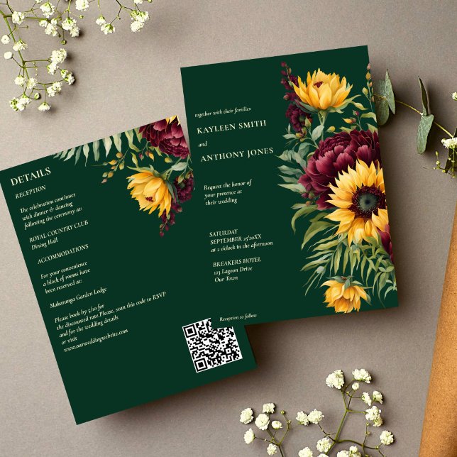 Invitation Tournesols rustiques et verts mariages de automne  (Emerald green rustic sunflowers fall summer all in one wedding invitation template digital download)