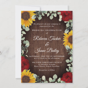 Invitation Tournesols rustiques Eucalyptus Mariage en bois ro