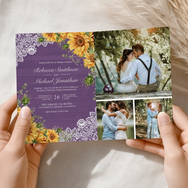Invitation Tournesols rustiques Mariage Code QR Bois Lavande (Créateur téléchargé)