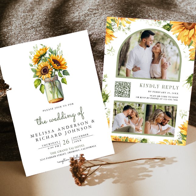 Invitation Tournesols rustiques Mariage Code QR Pot Mason (Créateur téléchargé)
