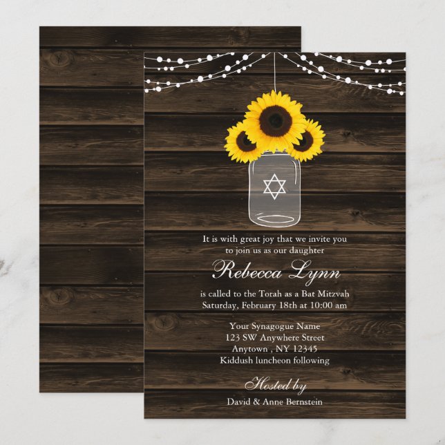 Invitation Tournesols rustiques Mason Jar Barn Bat mitzvah en (Devant / Derrière)