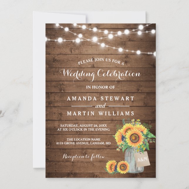 Invitation Tournesols rustiques Mason Jar String Mariage (Devant)