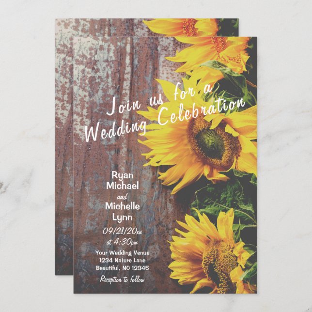 Invitation Tournesols sur le Mariage campagnard rustique en b (Devant / Derrière)