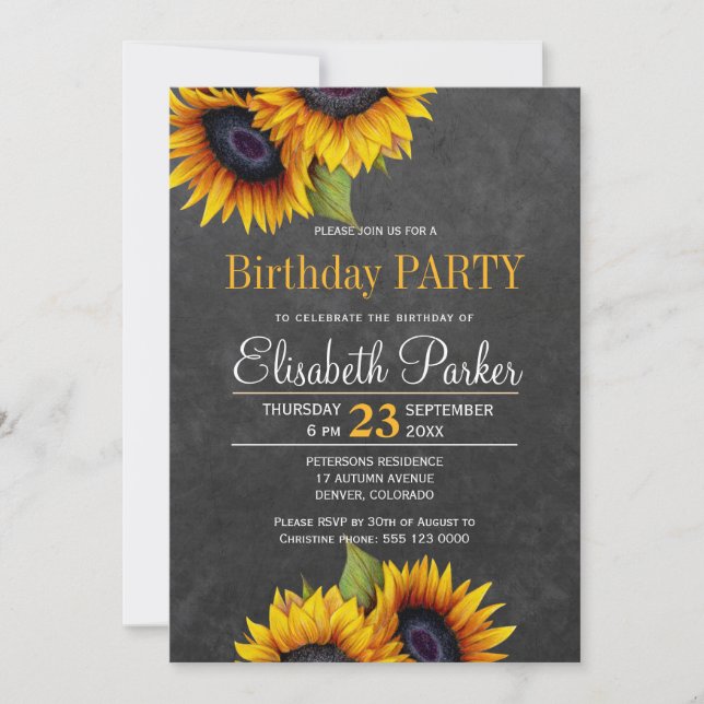 Invitation Tournesols tableau noir fête d'anniversaire rustiq (Devant)