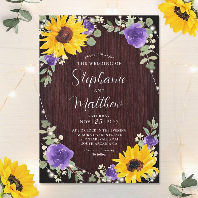 Invitation Tournesols violet Roses Lumières Mariage en bois (Créateur téléchargé)