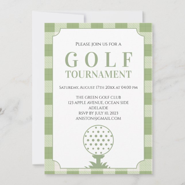 Invitation Tournoi de golf à carreaux vert sauge (Devant)