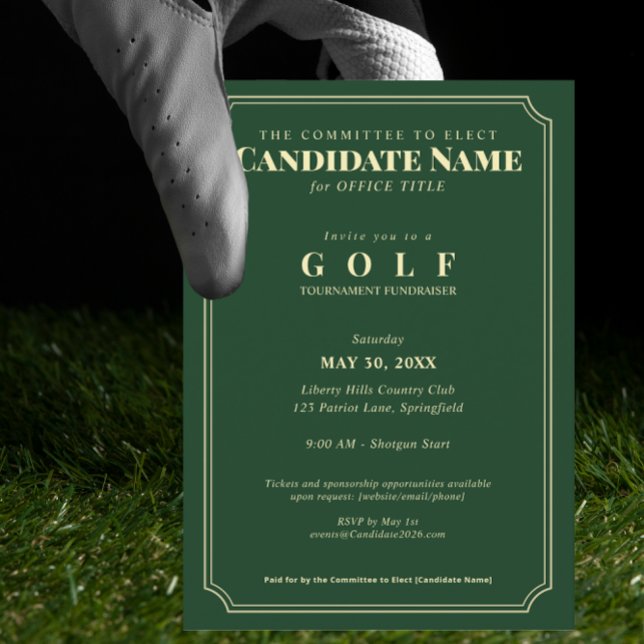 Invitation Tournoi de golf élégant pour une collecte de fonds (Elegant Golf Tournament Fundraiser Invitation Golf Country Club Candidate Fundraiser Campaign)
