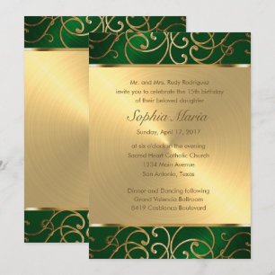 Invitation Tournois de Filigree vert et or de Quinceanera Eme