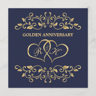 Invitation Tournures dorées, cœurs unis 50e anniversaire