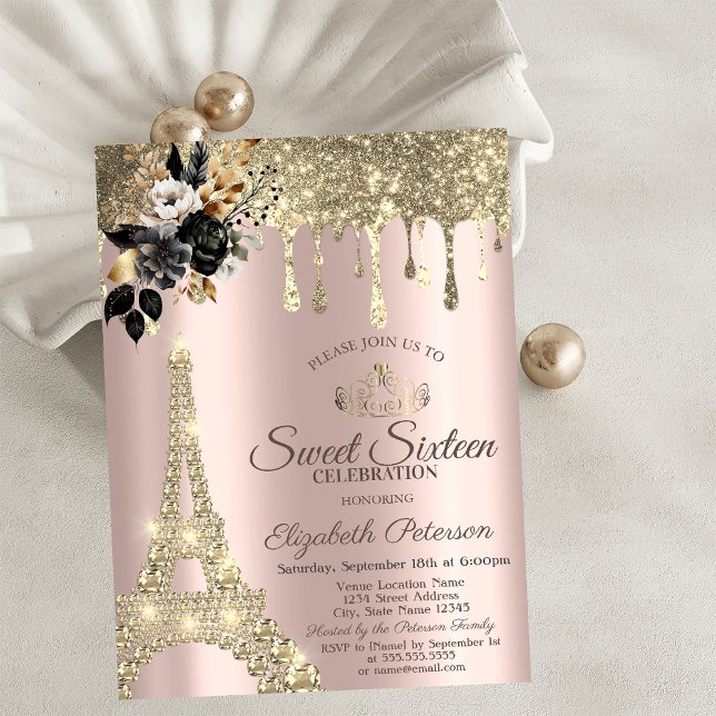 Invitation Tours Eiffel Roses Noires Dorées Gouttes Douces 16 (Créateur téléchargé)