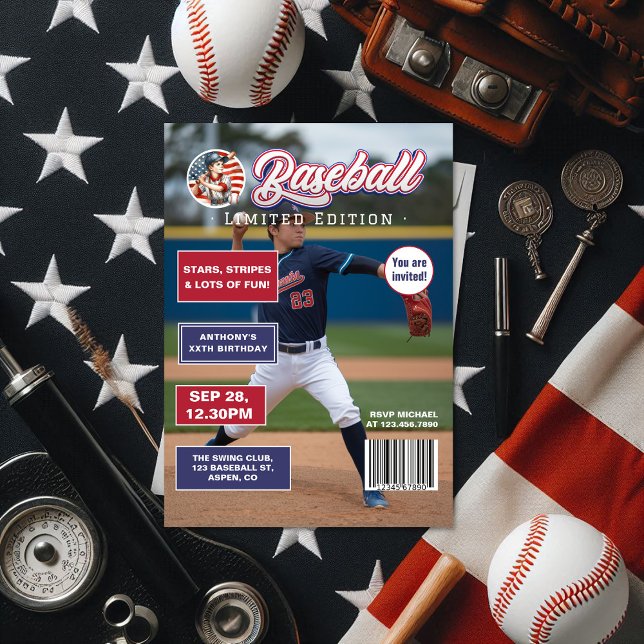 Invitation Tous American Boy Baseball Magazine Couverture Ann (All American Boy Baseball Magazine Cover Birthday Invitation)