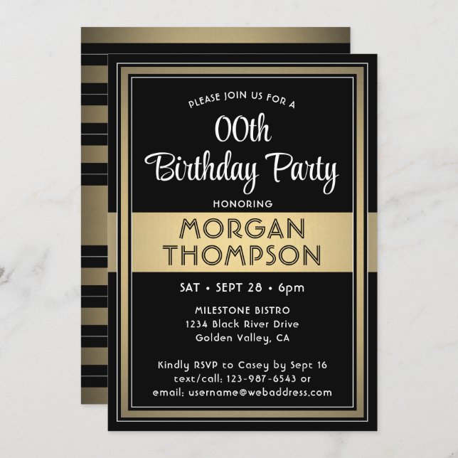Invitation Tous Anniversaire Elegant Noir, Blanc et Gold Part (Devant / Derrière)