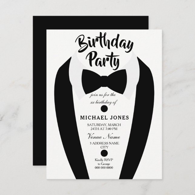Invitation Tous les âges Mens Tuxedo Bow Cravate Anniversaire (Devant / Derrière)