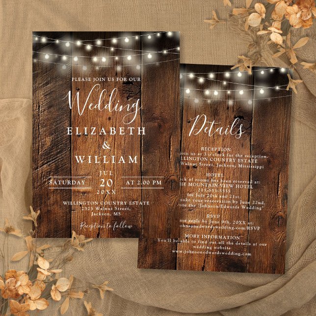 Invitation Tous les éclairages de chaîne de bois de grange ru (All In One Rustic Barn Wood String Lights Wedding Invitation)