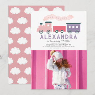 Invitation Tout à bord Train Rose Girl Birthday Photo