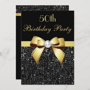 Invitation Tout âge Anniversaire Faux Séquins Bow Black Gold