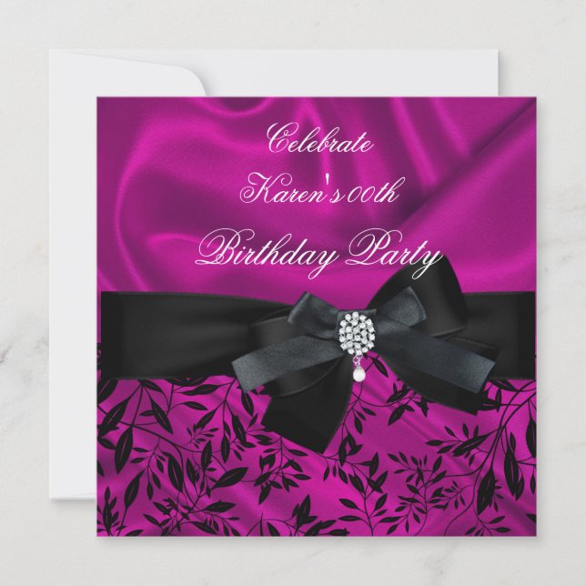 Invitation Tout âge Anniversaire Fête Rose Damas Noir Blanc 2 (Devant)