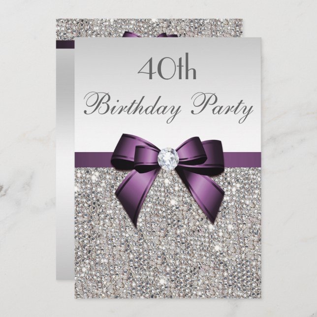 Invitation Tout âge Anniversaire Fête Silver Sequin Purple Bo (Devant / Derrière)
