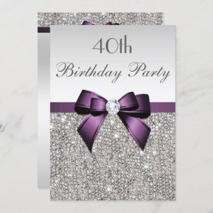 Invitation Tout âge Anniversaire Fête Silver Sequin Purple Bo