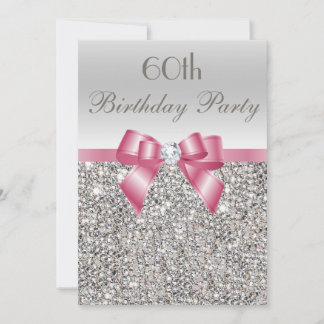 Invitation Tout âge Anniversaire Fête Silver Sequins Pink Bow