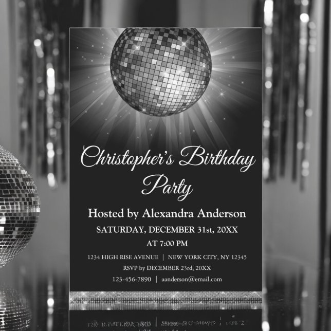 Invitation Tout âge Anniversaire Fête Silver Sparkle Disco Ba (Créateur téléchargé)