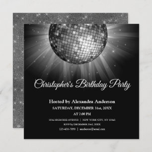 Invitation Tout âge Anniversaire Fête Silver Sparkle Disco Ba