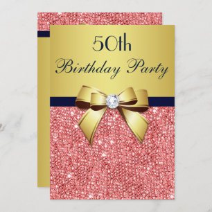 Invitation Tout âge Anniversaire Gold Navy Coral Sequals Bow