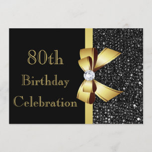 Invitation Tout âge Anniversaire Noir Faux Sequins Or Bow