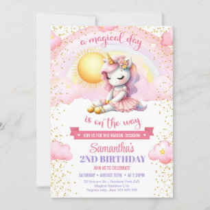 Invitation Tout âge anniversaire rose et or tutu robe unicorn