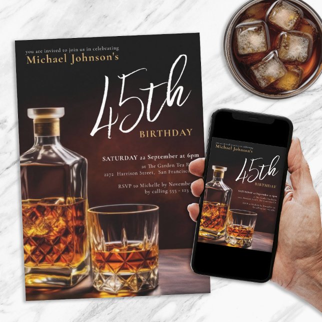 Invitation Tout âge Anniversaire Whiskey Black Gold Classy Él (Any Age Birthday Whiskey Black Gold Classy Elegant Invitation)