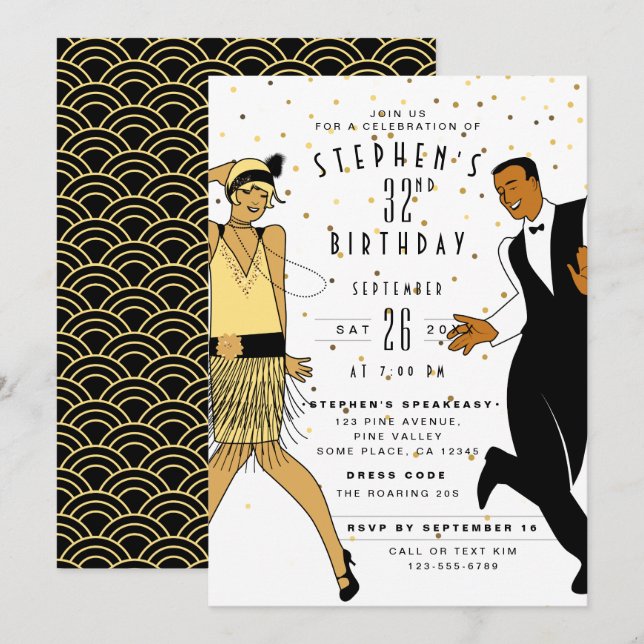Invitation TOUT AGE Art Déco/Great Gatsby/1920 Anniversaire (Devant / Derrière)