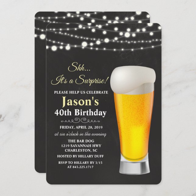 Invitation TOUT ÂGE - Beer String Lights Anniversaire Invitat (Devant / Derrière)