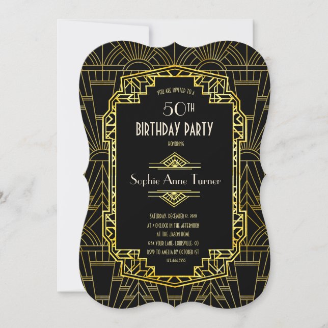 Invitation TOUT AGE Black & Gold Great Gatsby fête d'annivers (Devant)