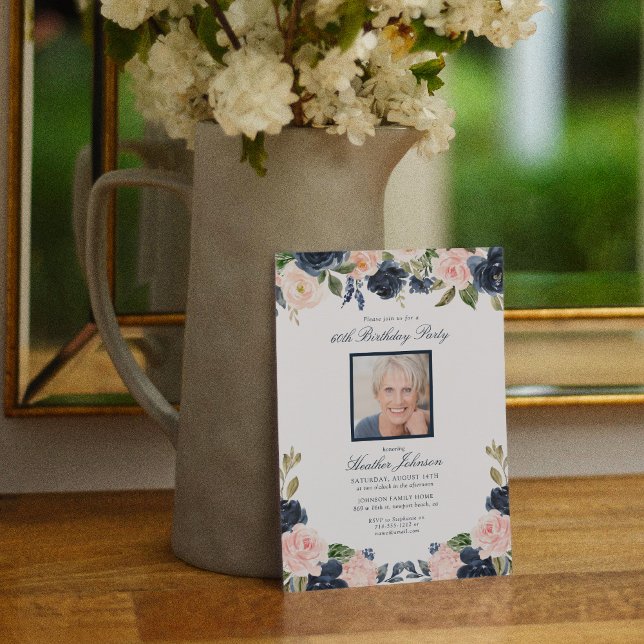Invitation Tout âge bleu rose floral photo fête d'anniversair (Créateur téléchargé)