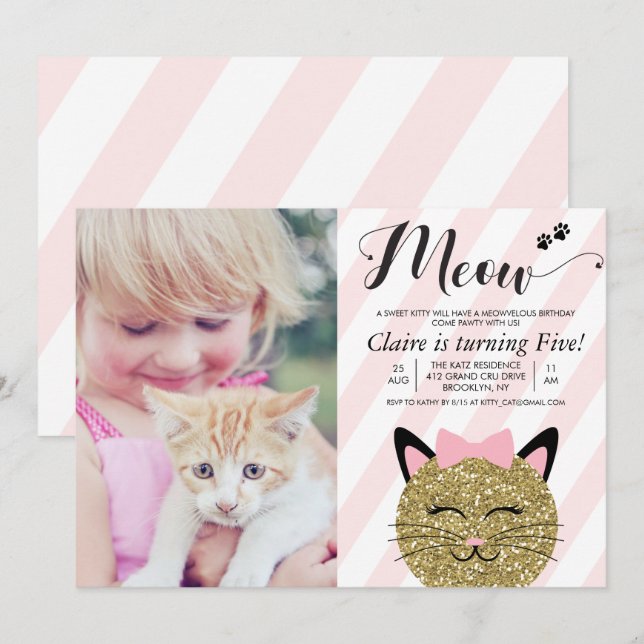 Invitation TOUT ÂGE - Chat Kitten Photo Anniversaire Invitati (Devant / Derrière)