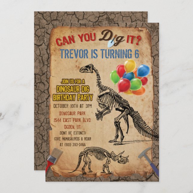 Invitation TOUT ÂGE - Dinosaur Dig Anniversaire Fête Invitati (Devant / Derrière)