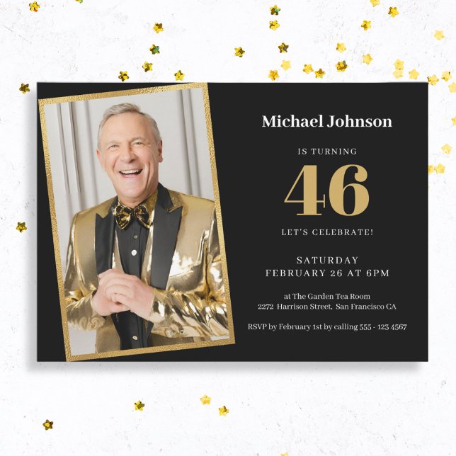 Invitation Tout âge Elegant Black Gold Photo Anniversaire (Mock Up View)
