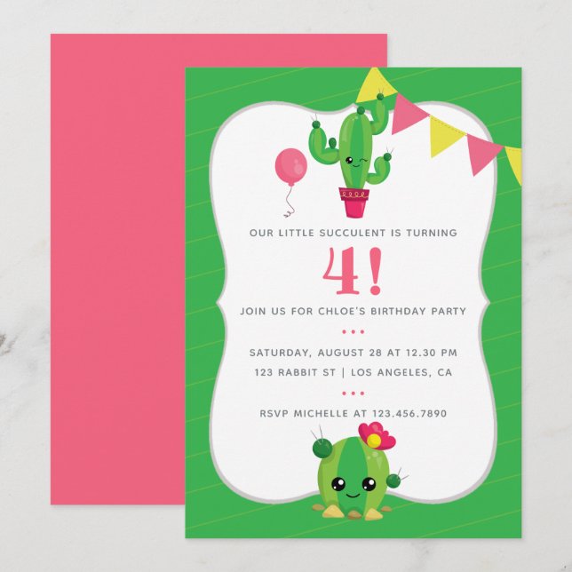 Invitation Tout âge Enfants Cactus thème Anniversaire Invitat (Devant / Derrière)