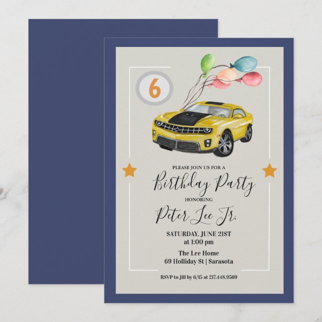 Invitation TOUT ÂGE - Fête d'anniversaire de garçon de voitur (Devant / Derrière)