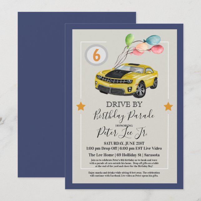 Invitation TOUT ÂGE - Fête d'anniversaire virtuelle Drive By  (Devant / Derrière)