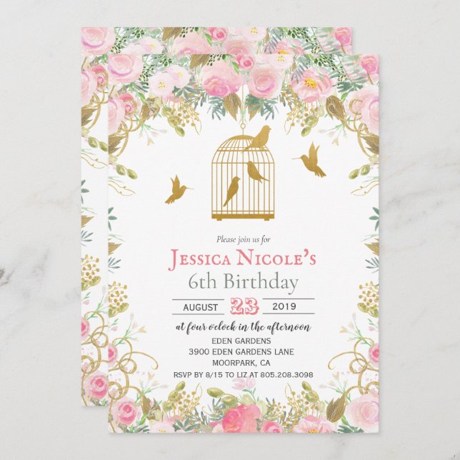 Invitation TOUT ÂGE - Floral Birdcage Girl Birthday Invitatio (Devant / Derrière)