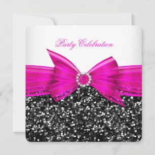 Invitation Tout Âge Luxe Paillettes Rose Chaud Nœud Noir Blan