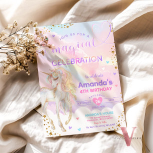 Invitation Tout âge Magique Arc-en-ciel Unicorn Or Anniversai