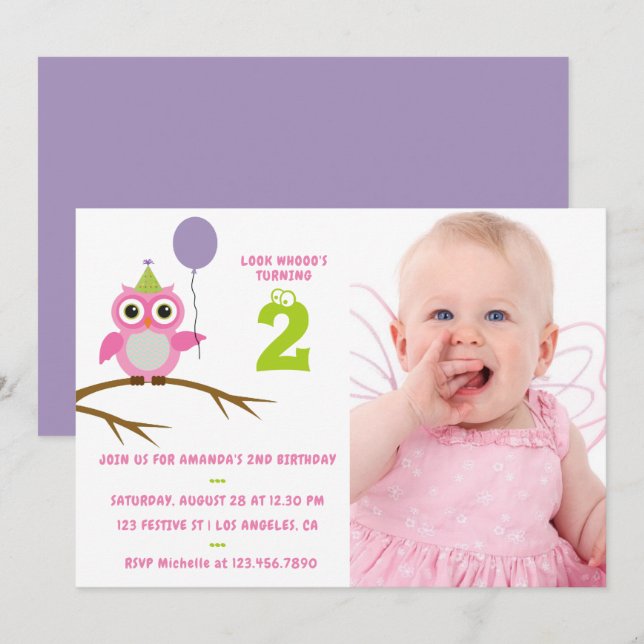 Invitation Tout âge mignon hibou bébé ou petite fille enfant  (Devant / Derrière)