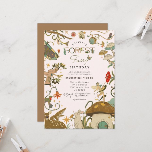 Invitation Tout âge Mushroom Forest Fée fille anniversaire (Devant/Arrière en situation)