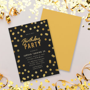 Invitation Tout âge Noir & Faux Gold Confetti fête d'annivers