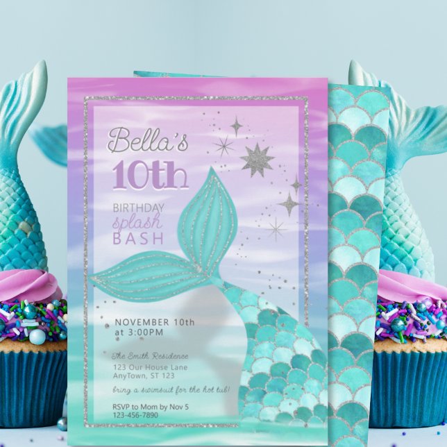 Invitation TOUT ÂGE Sirène Splash Bash Purple Turquoise Anniv (Créateur téléchargé)