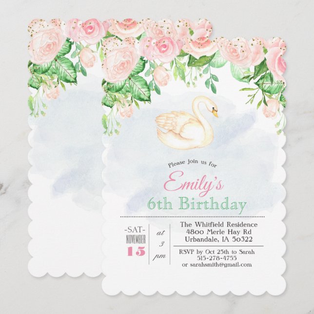 Invitation TOUT ÂGE - Swan Floral Girl Anniversaire Invitatio (Devant / Derrière)