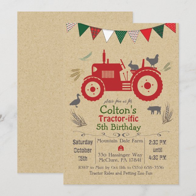 Invitation TOUT ÂGE - Tracteur Animaux de ferme Anniversaire  (Devant / Derrière)
